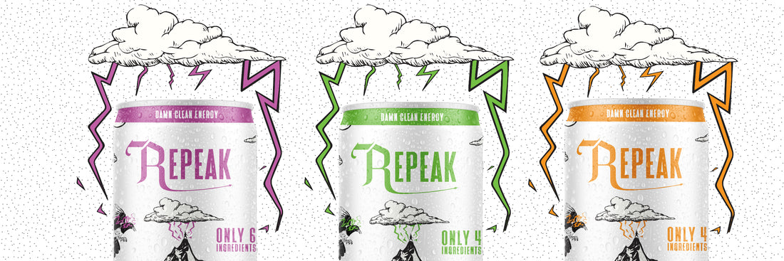 repeak energy drink with three different colored cans side by side with a lightning cloud above them