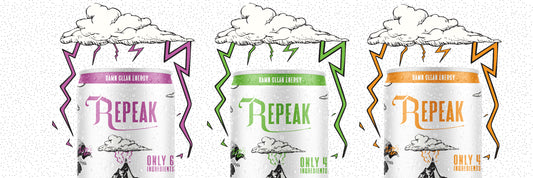 repeak energy drink with three different colored cans side by side with a lightning cloud above them