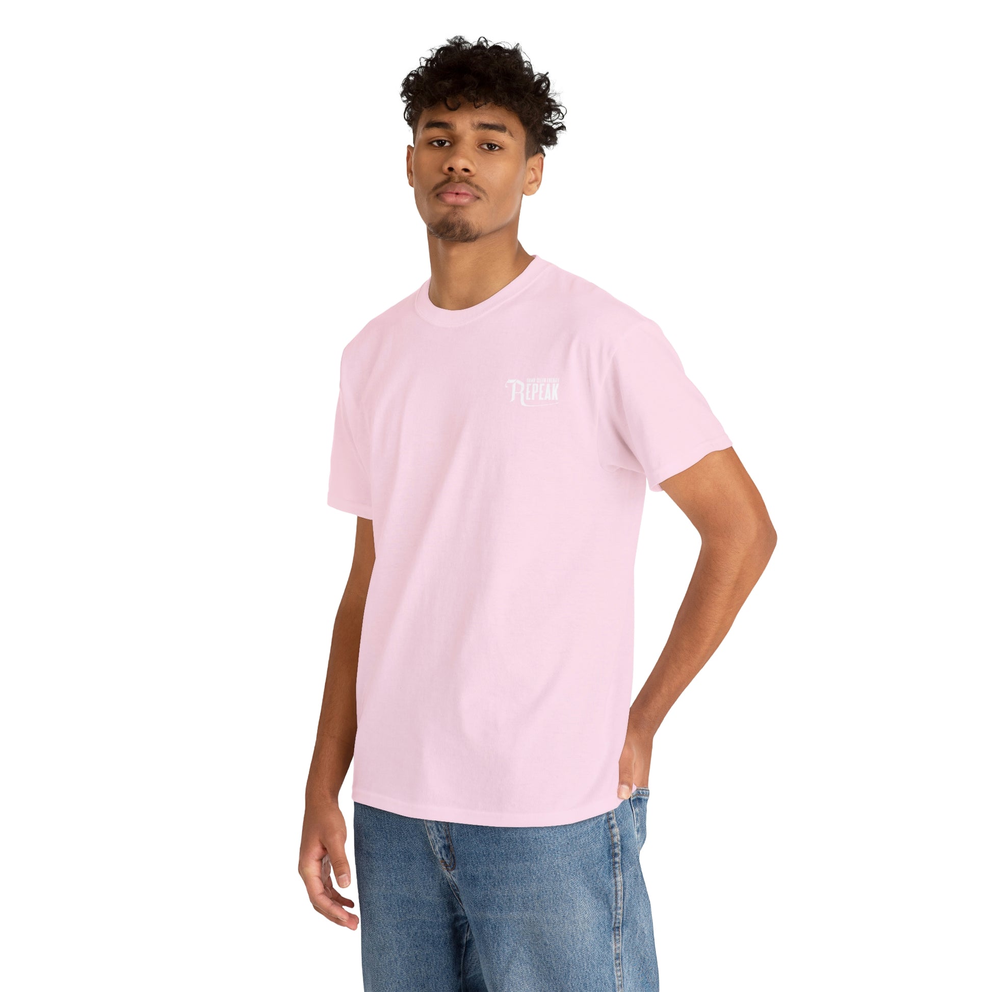 repeak energy drink pink t-shirt, front side with male model