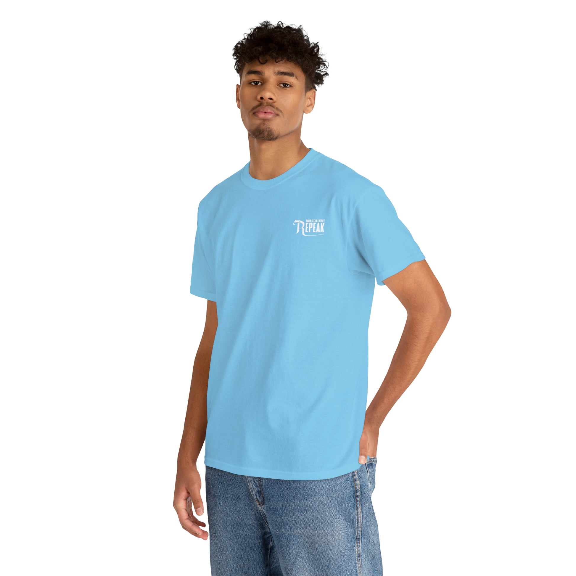 repeak energy drink blue t-shirt, front side with male model