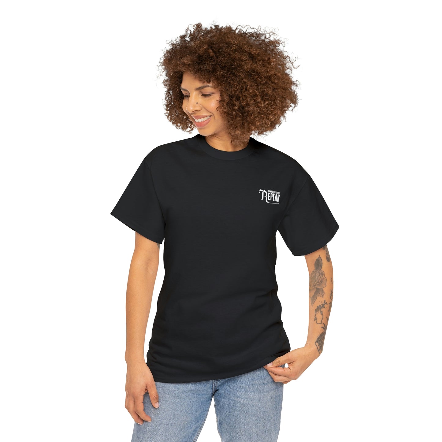 repeak energy drink black t-shirt, front side with female model