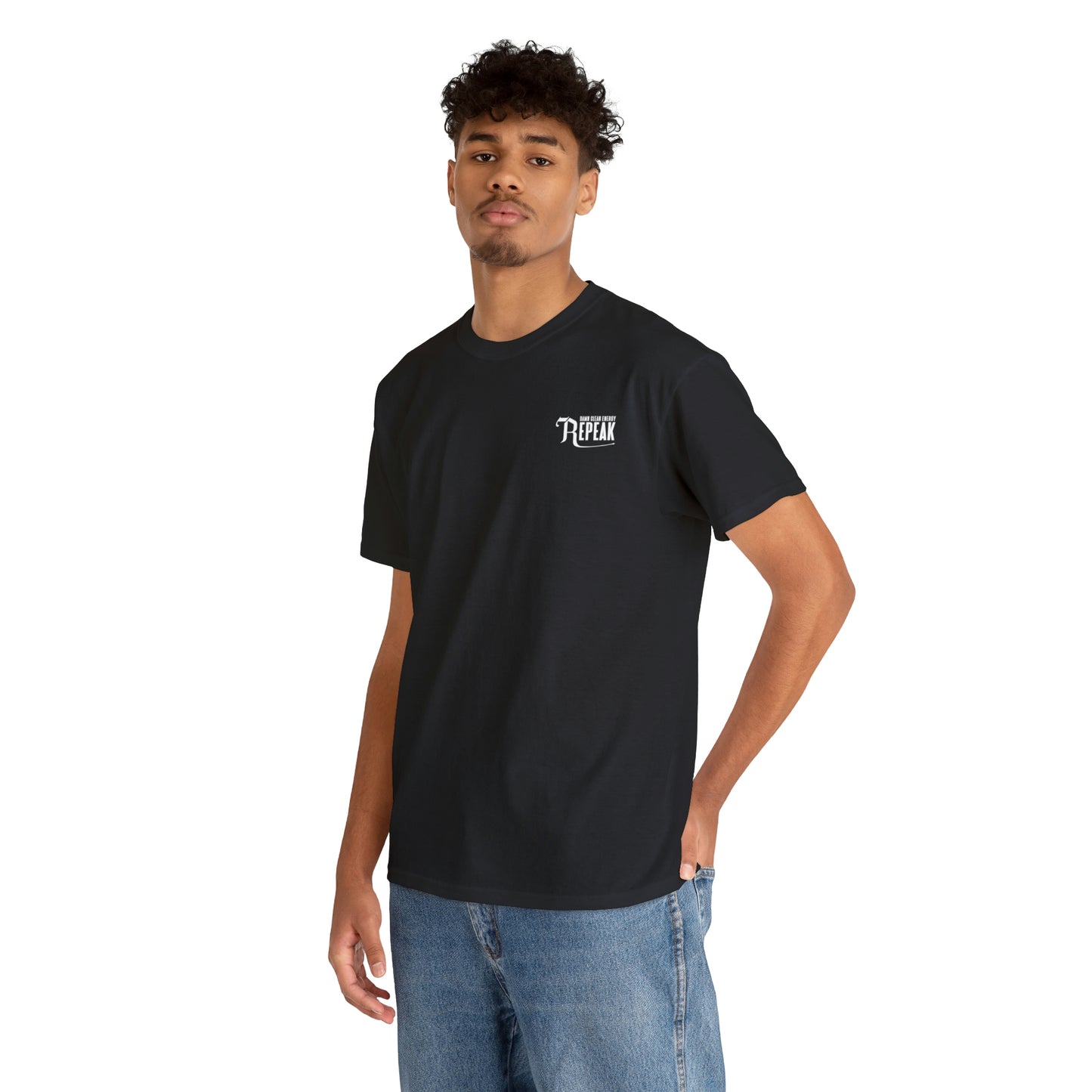 repeak energy drink black t-shirt, front side with male model