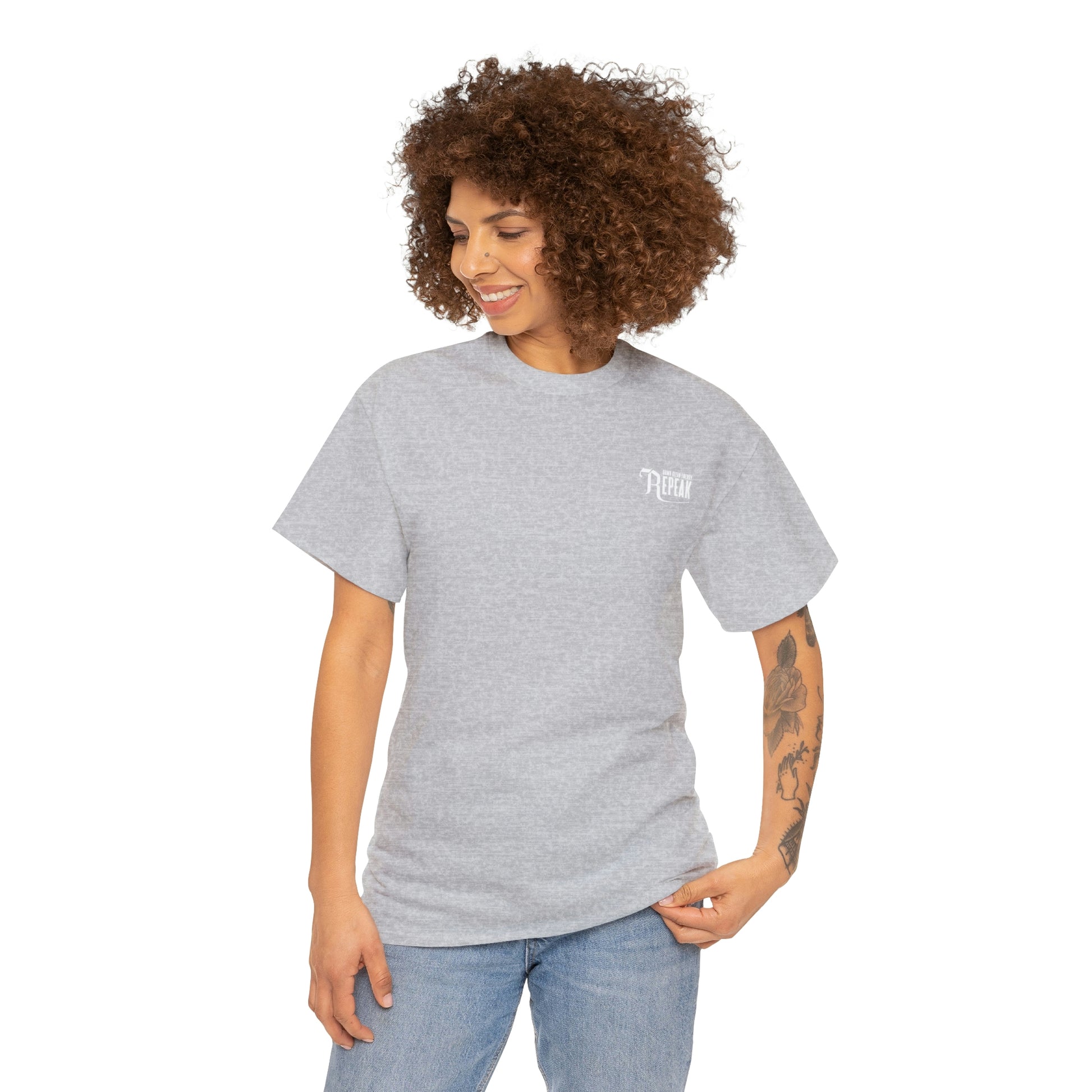 repeak energy drink gray t-shirt, front side with female model
