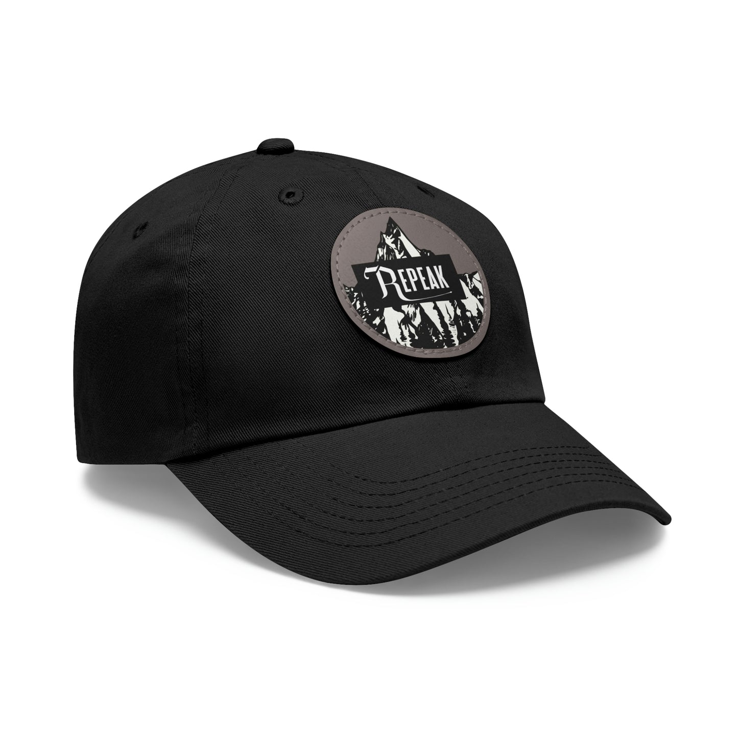 repeak energy dad hat, black, white, and gray, side angle