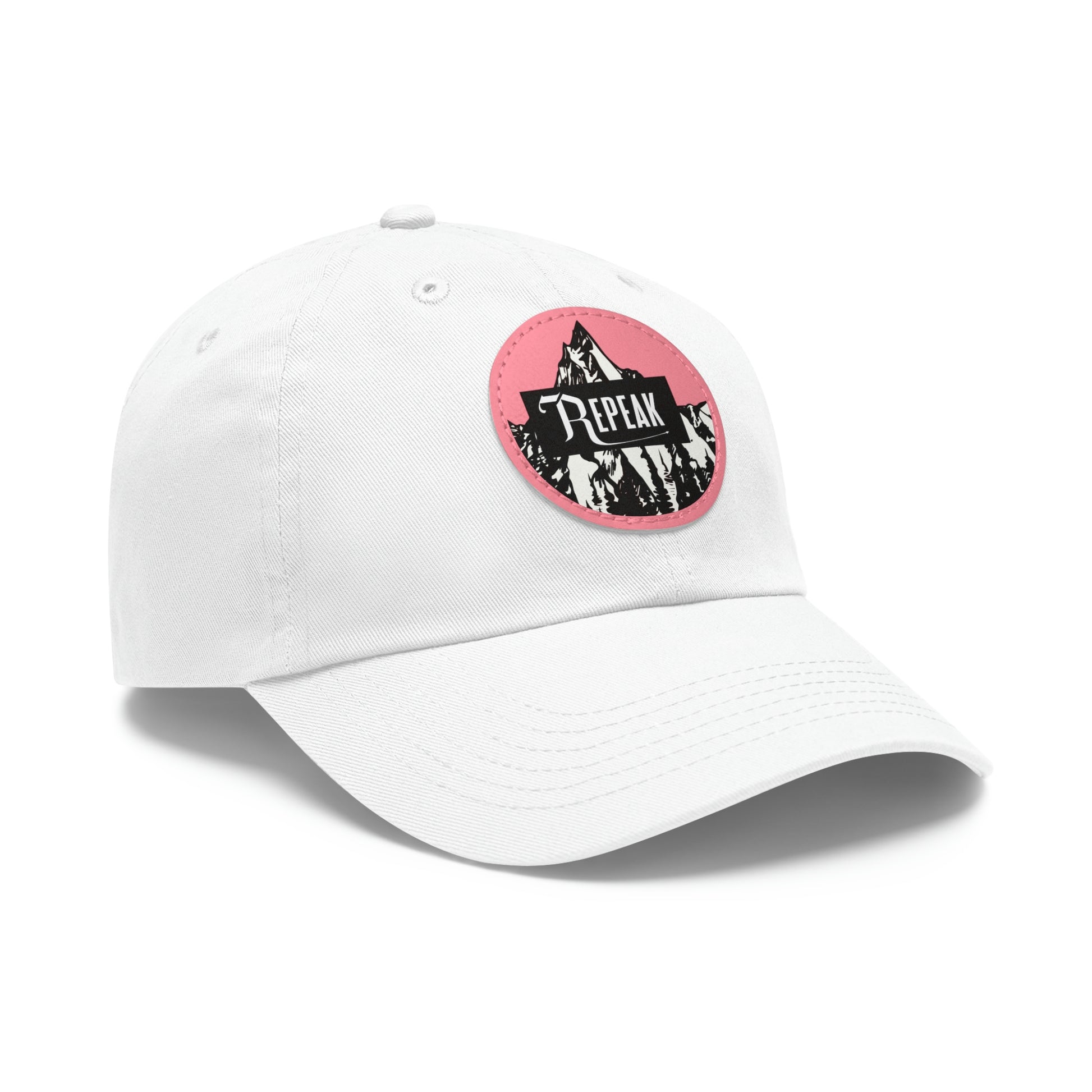 repeak energy dad hat, black, white, and pink, side angle