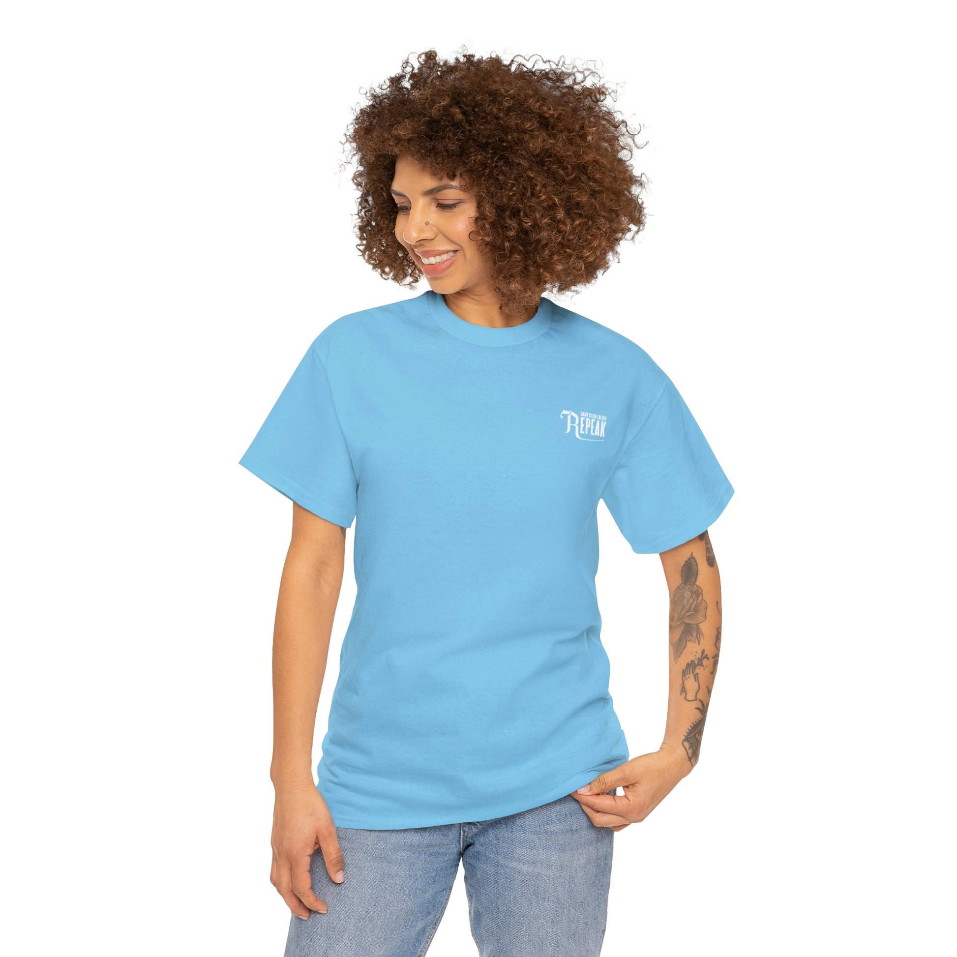 repeak energy drink blue t-shirt, front side with female model