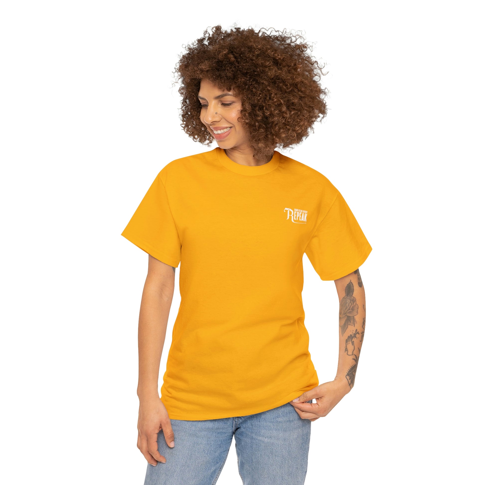 repeak energy drink gold t-shirt, front side with female model