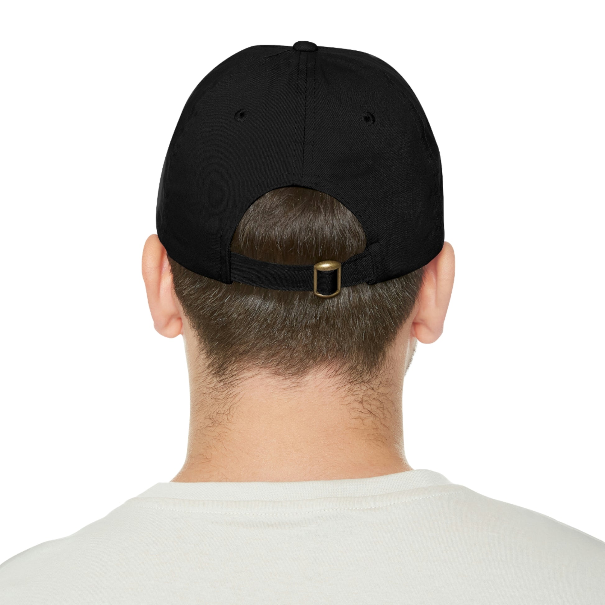 repeak energy dad hat, black and black, back side on model