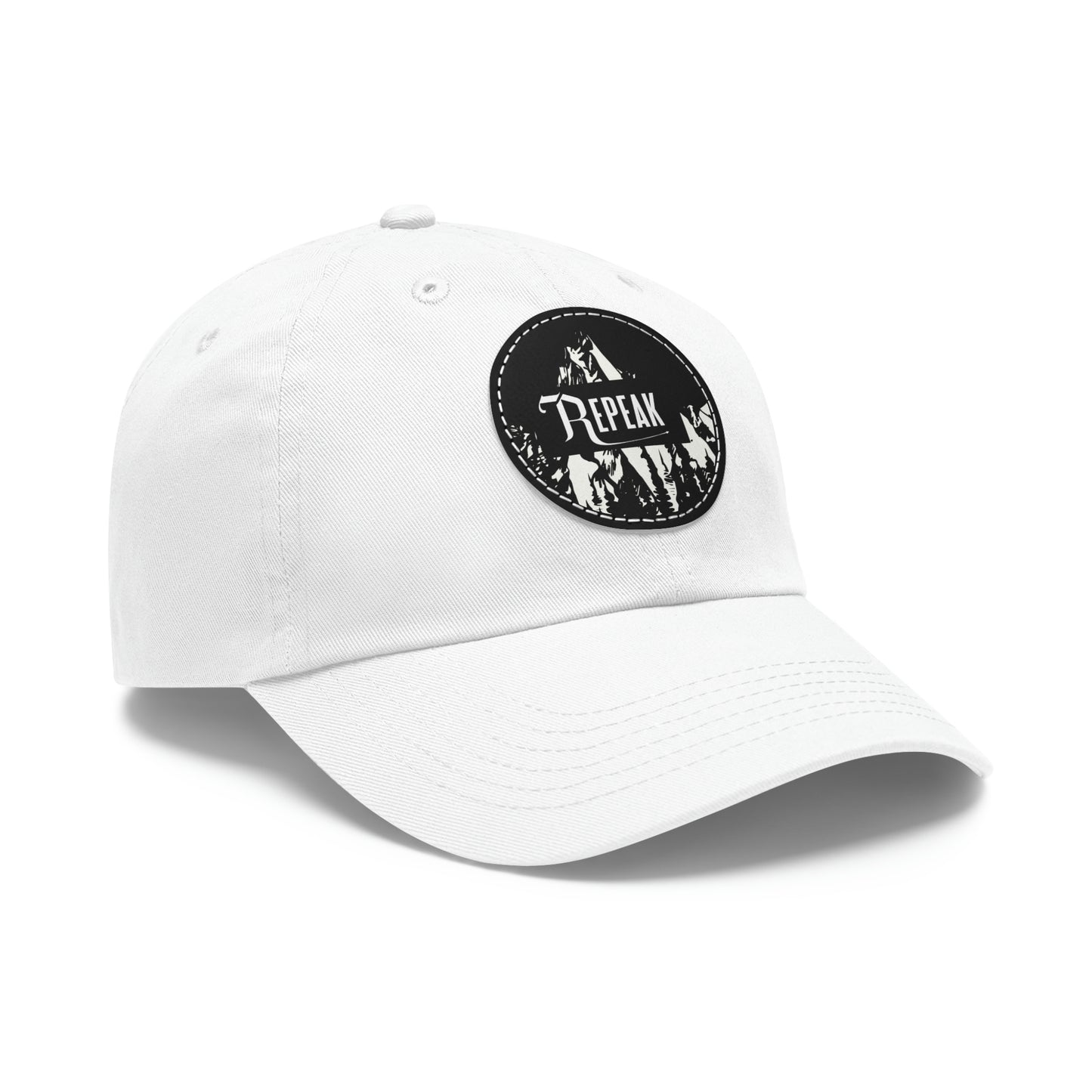 repeak energy dad hat, black and white, side angle
