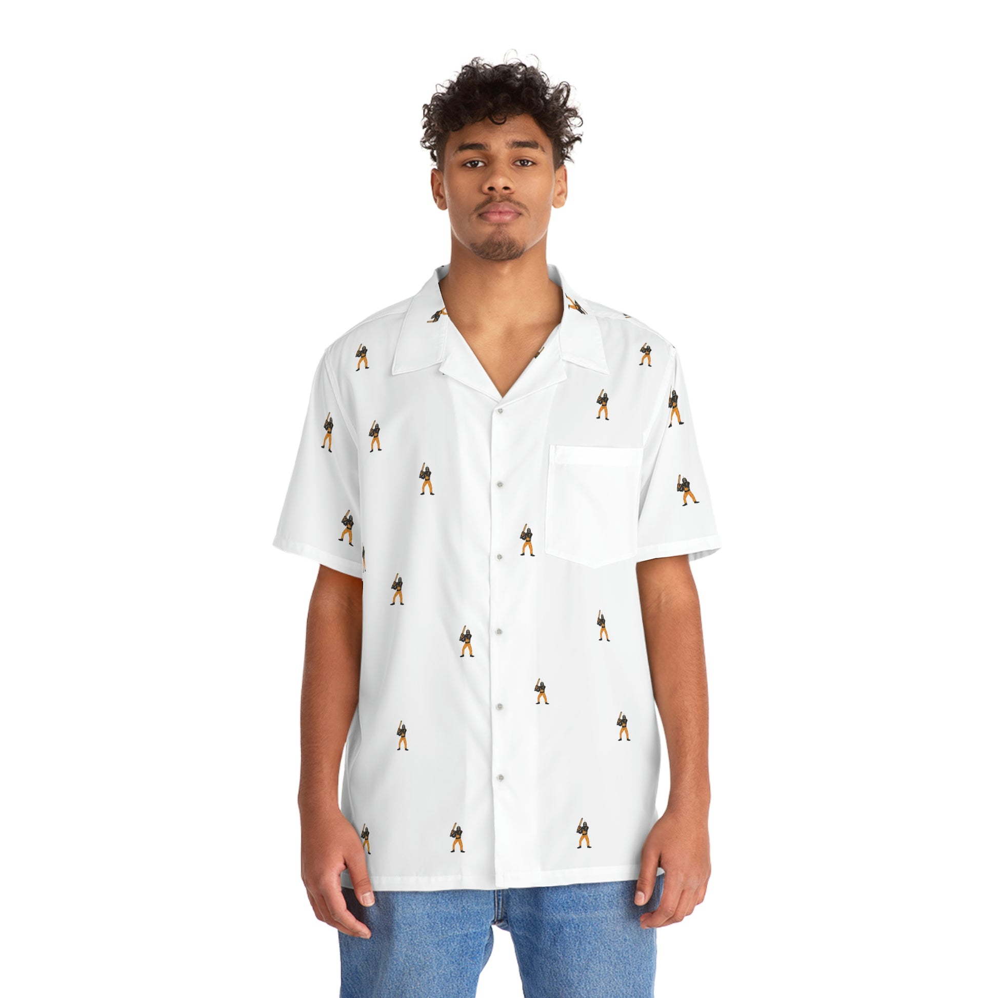 repeak energy drink Hawaiian shirt, front side on model