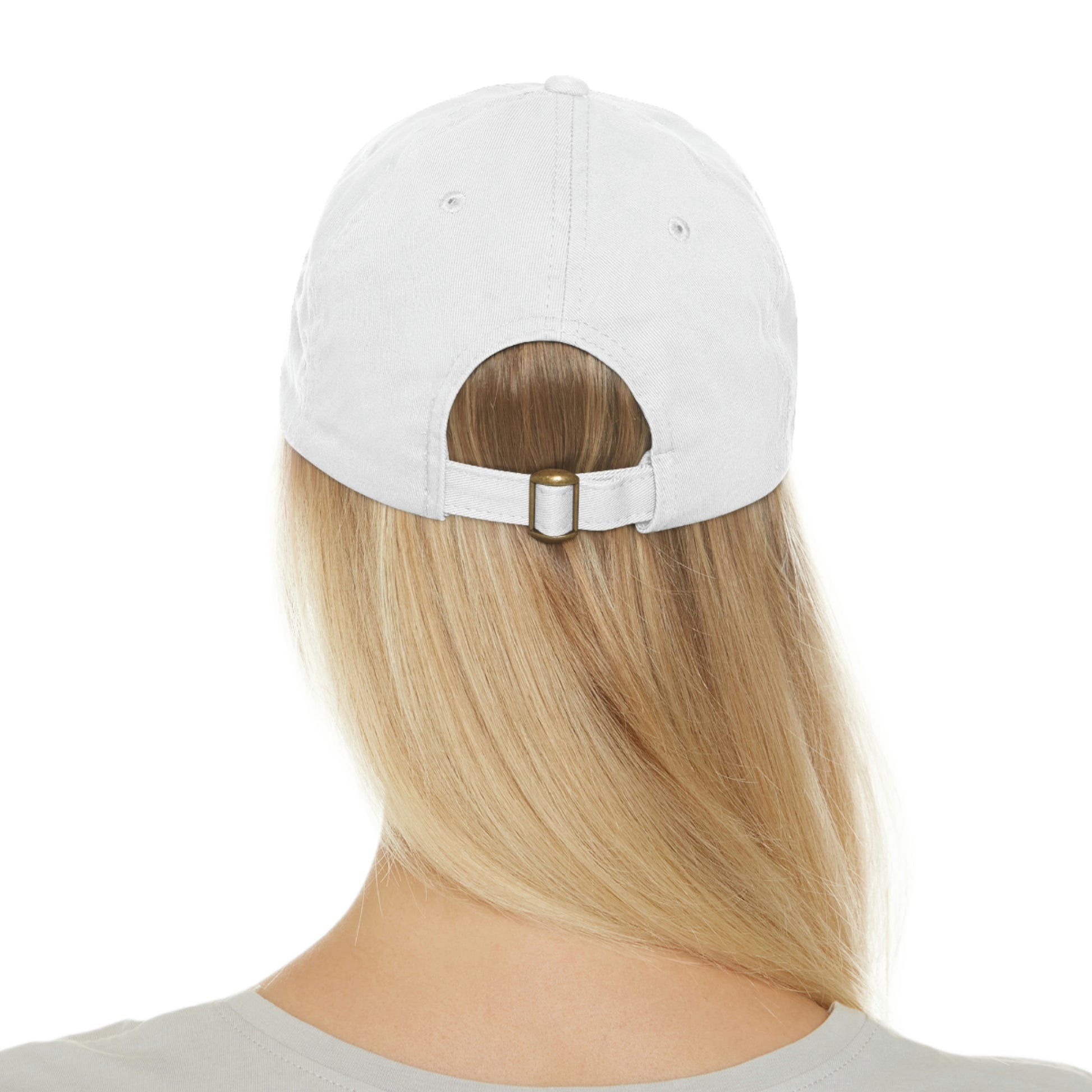repeak energy dad hat, black, white, and pink, backside on model