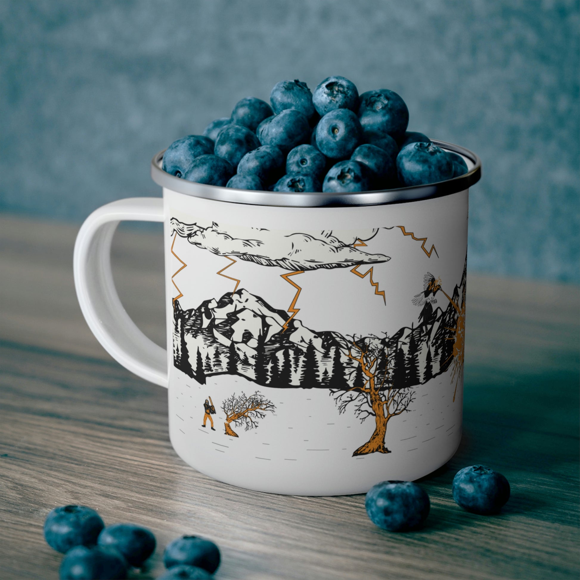 repeak energy camping mug, side angle filled with blueberries