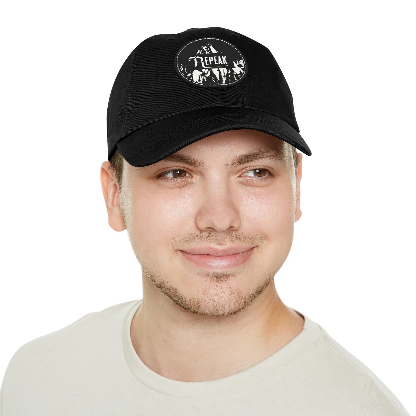repeak energy dad hat, black and white, front side on model