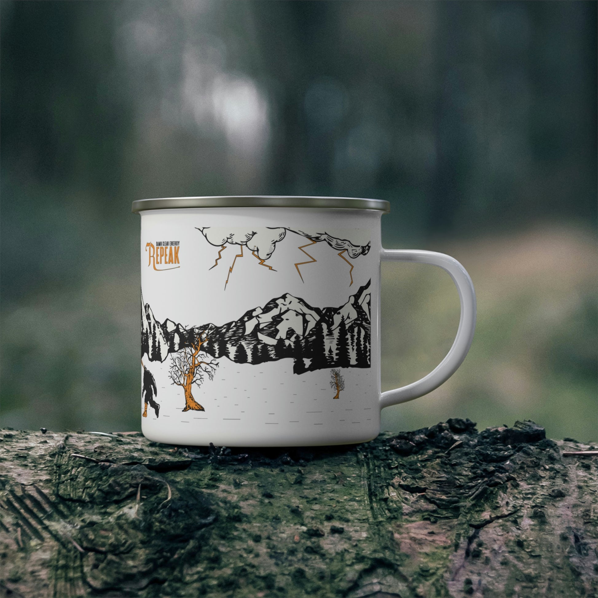 repeak energy camping mug, side angle in forest